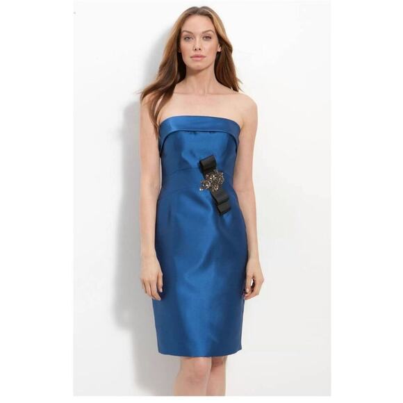 JS Collections Beaded Twill Strapless Sheath Dress in Peacock Blue, sz 8P - Picture 2 of 16